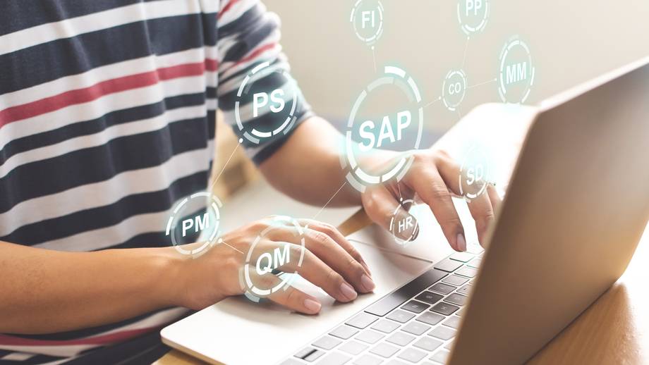 Person tippt auf einem Laptop, umkreist von SAP- und IT-bezogenen Symbolen