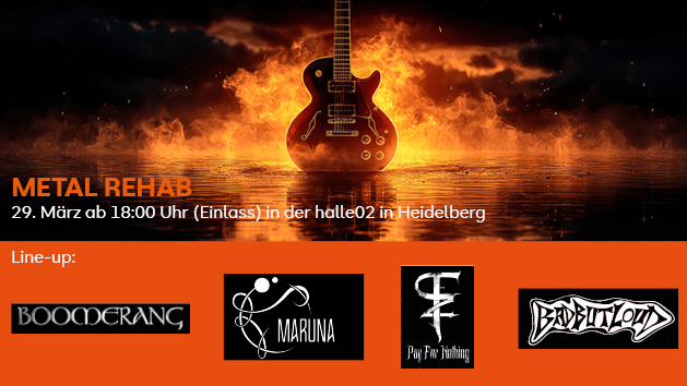 Karte zur Ankuendigung des Metal Rehab Festivals in Heidelberg mit einer Gitarre vor Feuer und den Logos der auftretenden Bands
