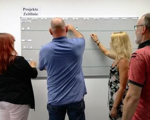 Zwei Frauen und zwei Männer strukturieren Projekte an einem Board