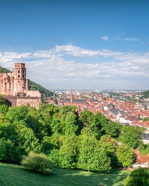 Blick auf eine Burg über einem Fluss und einer Altstadt in Heidelberg