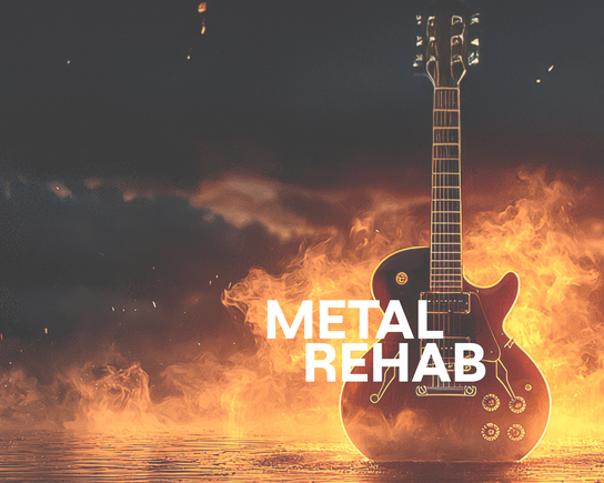 Gitarre die auf einer Bühne vor einem Feuer steht und dazu der Schriftzug Metal Rehab
